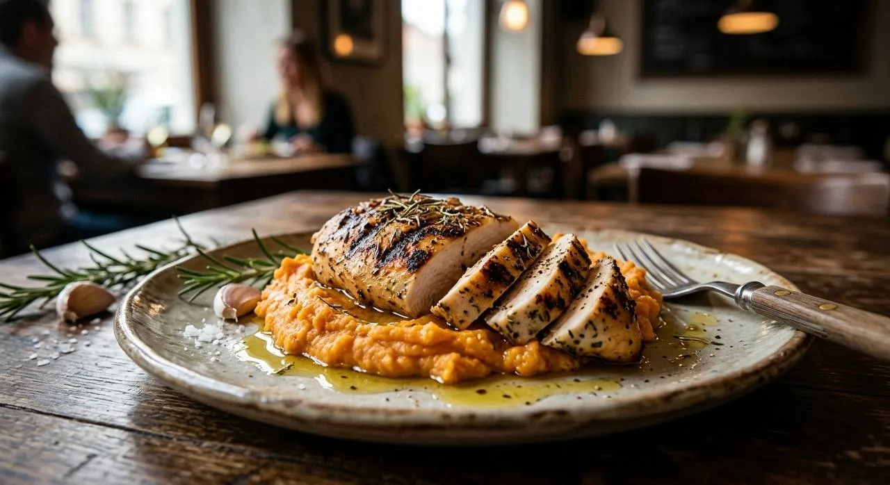 Lactose-free grilled chicken with sweet potato mash