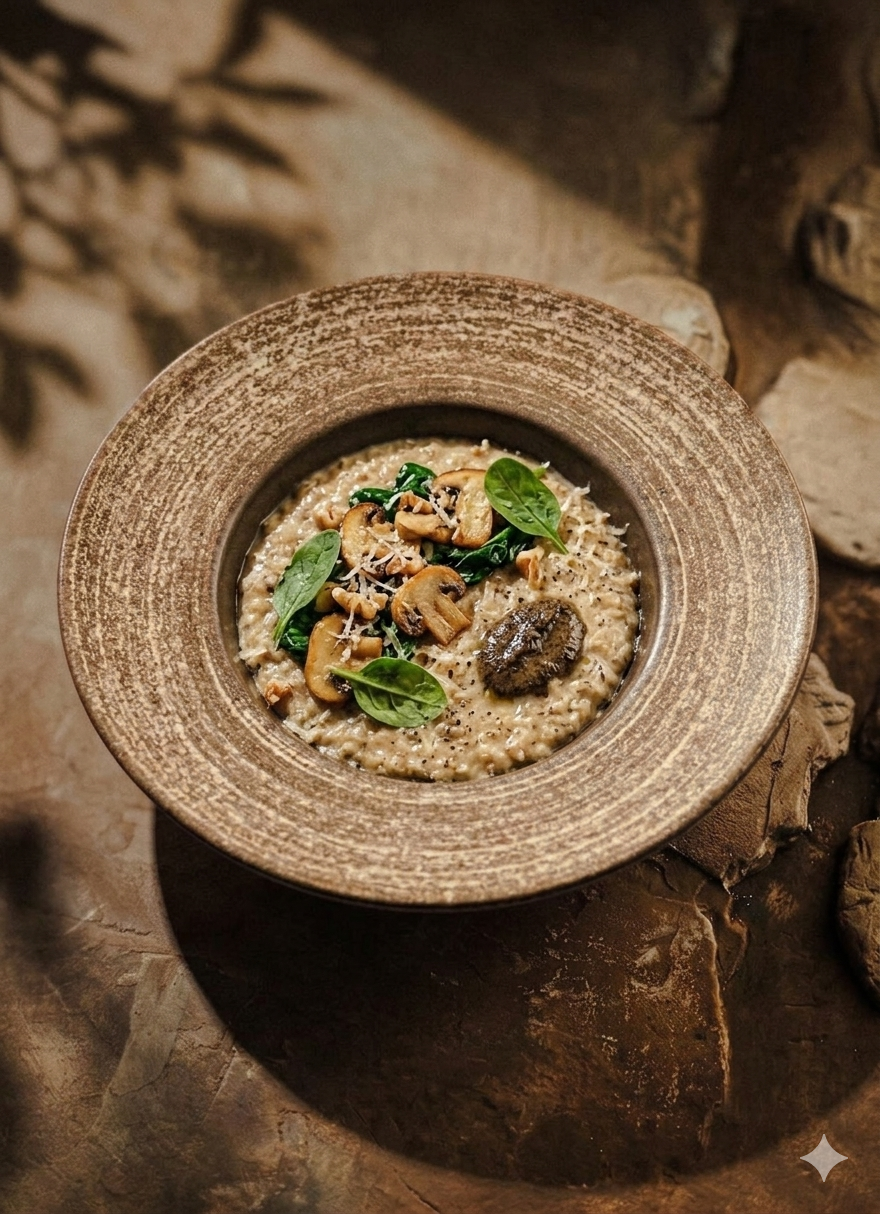 Oatmeal with Mushrooms, Spinach and Truffle Sauce