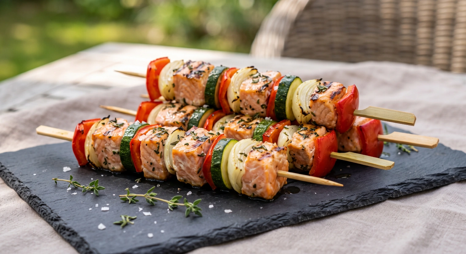 Gluten-free salmon and vegetable skewers