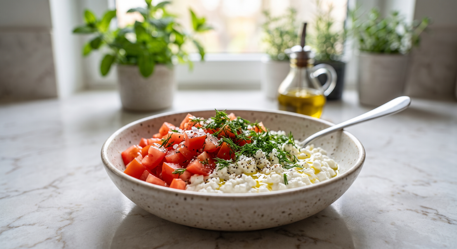 Cottage cheese and tomato breakfast bowl