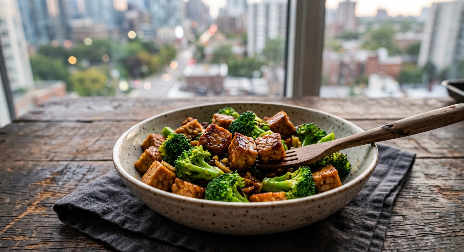 Vegan tempeh and broccoli stir-fry