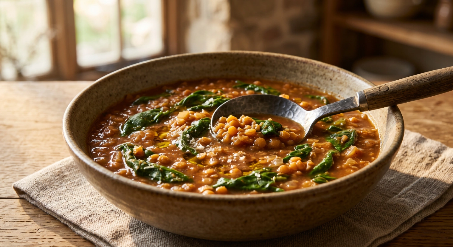 Vegan lentil and spinach soup
